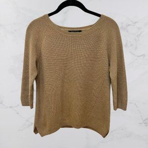 White House Black Market | Tan Ribbed Knit 3/4 Sleeve Crewneck Sweater | XS